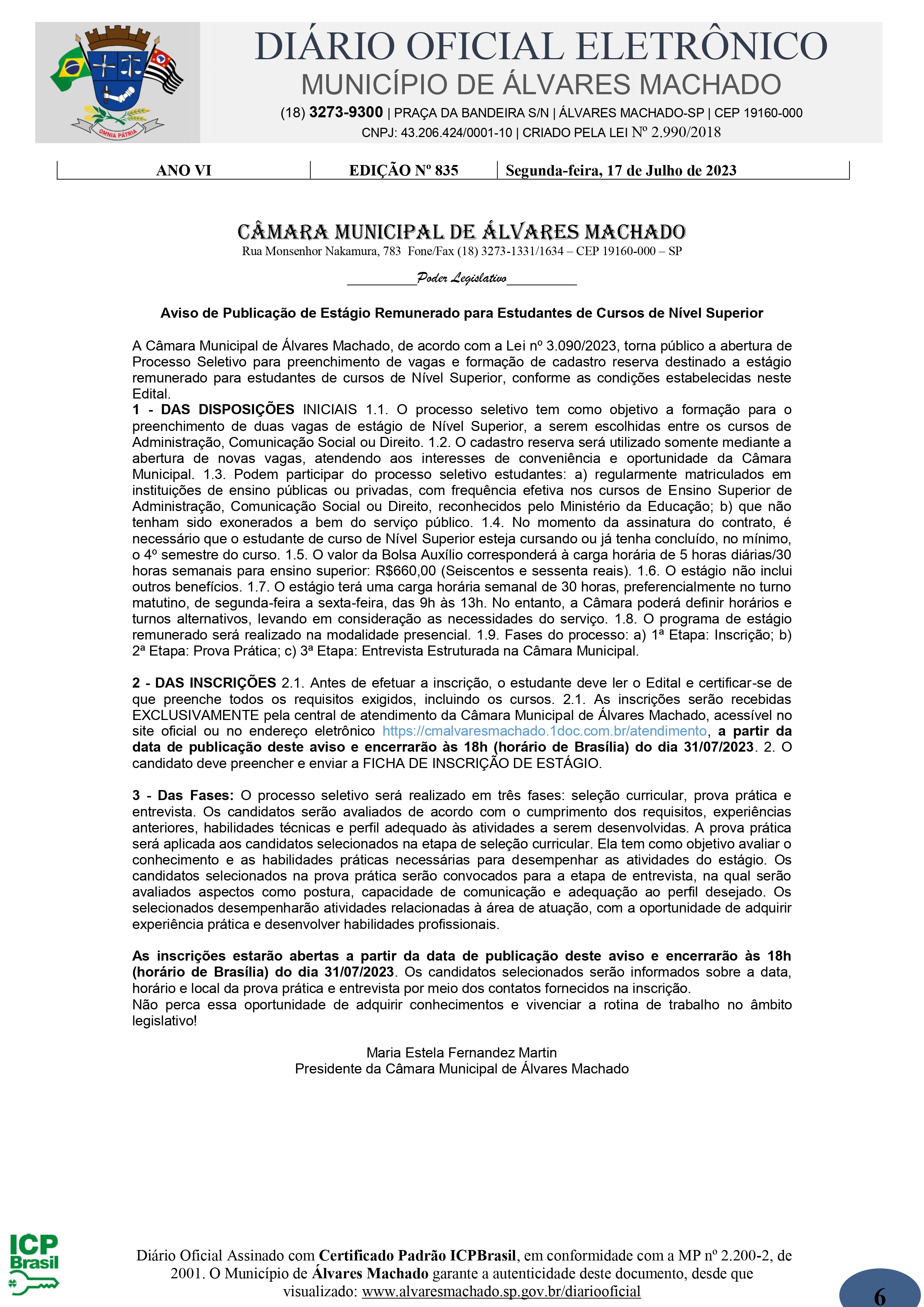 Câmara Municipal de Álvares Machado abre Processo Seletivo para Estágio Remunerado em Nível Superior