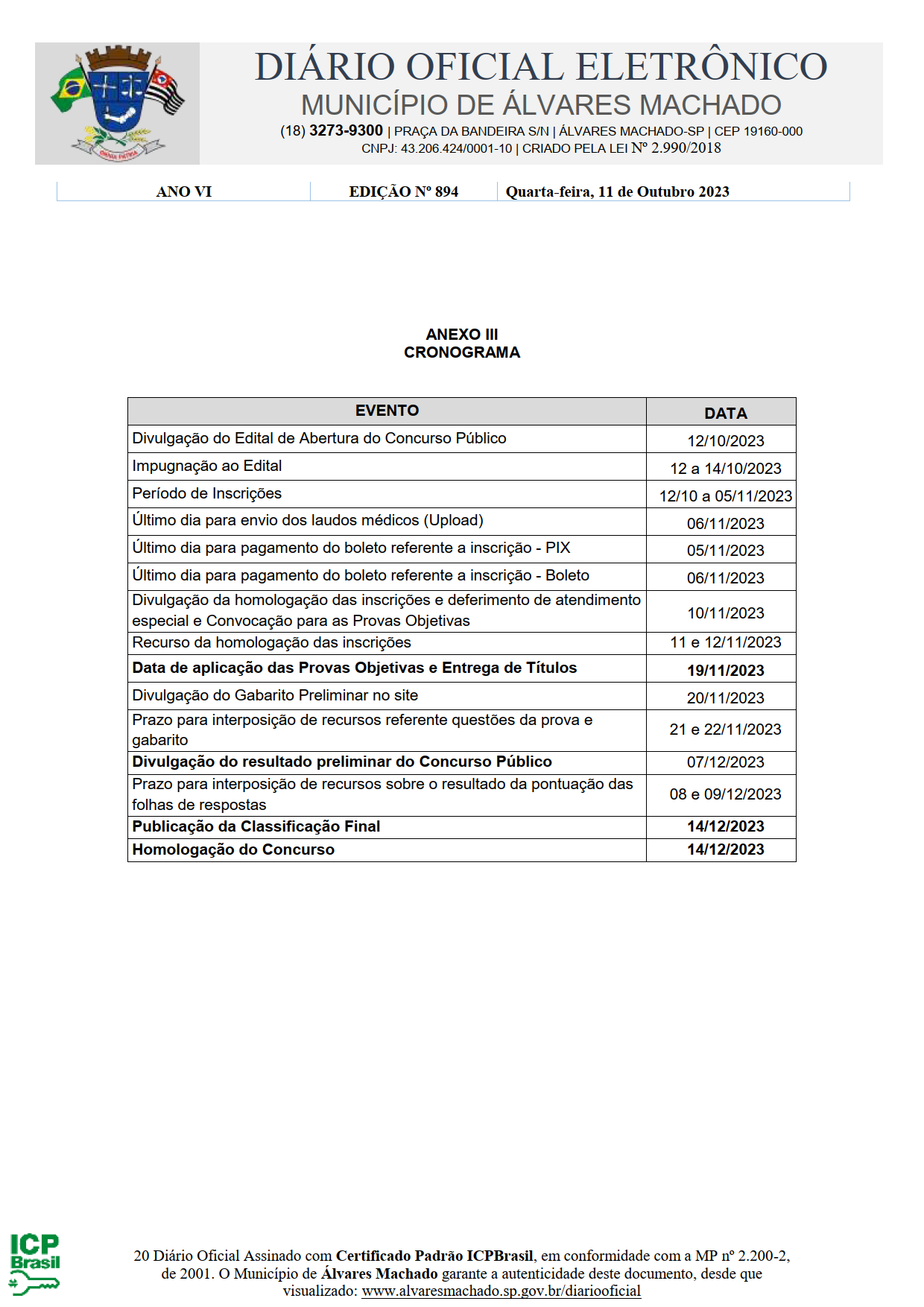 Cronograma de Abertura de Concurso Público n. 002/2023