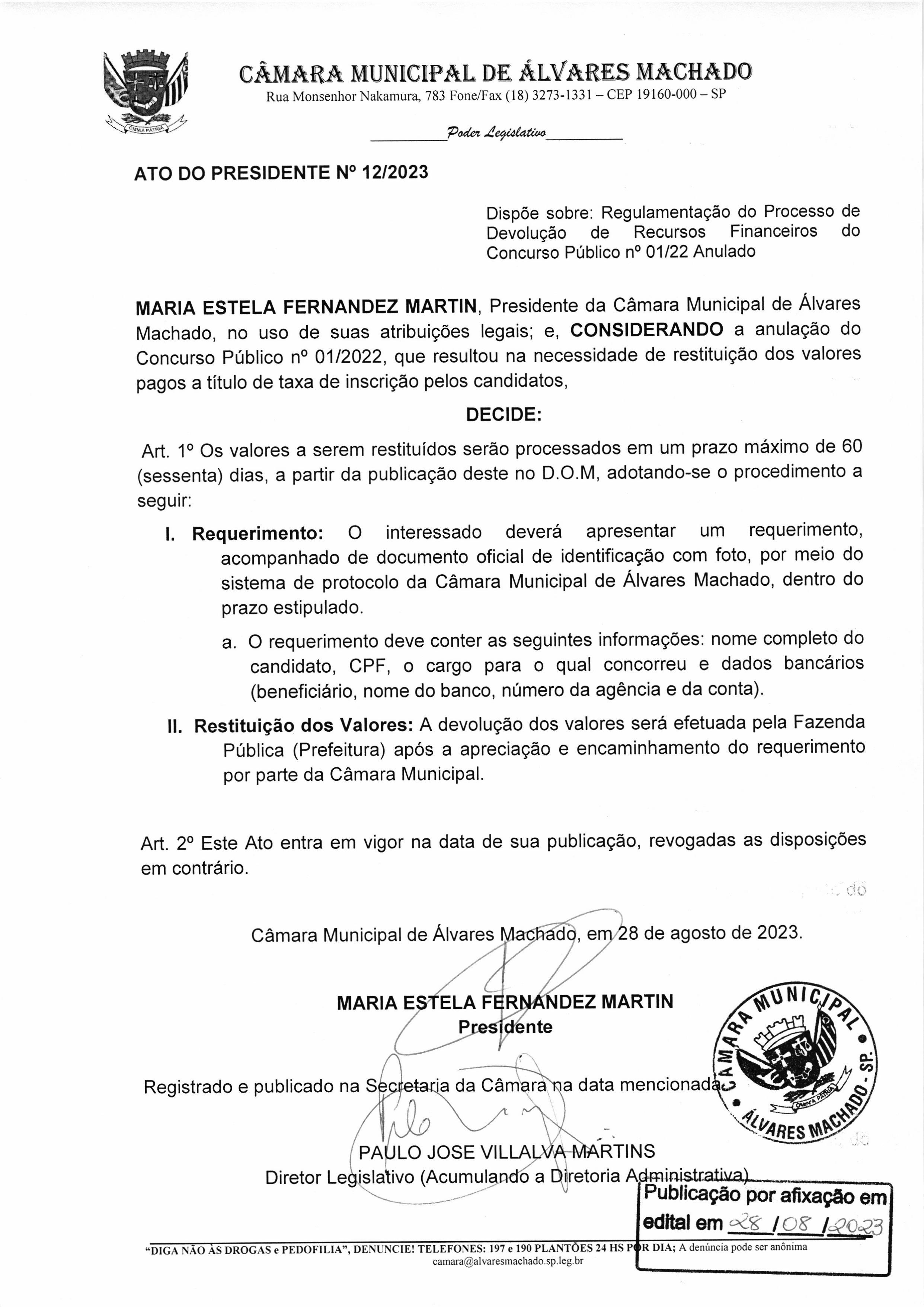 Regulamentação da Devolução de Recursos Financeiros do Concurso Público no 01122 (Anulado)